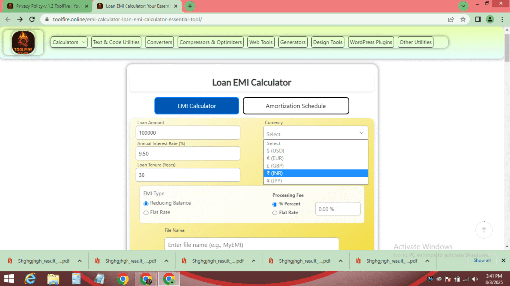 Loan EMI Calculator input interface with fields for loan amount, interest rate, tenure, currency, EMI type, processing fee, and file name option.