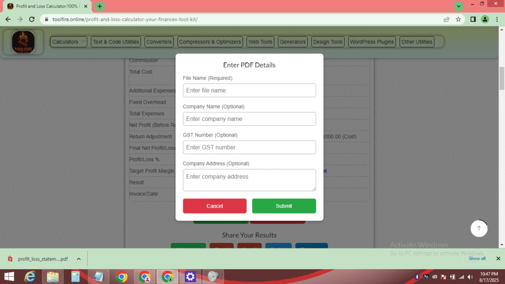 Popup window for downloading PDF from a Profit and Loss Calculator with fields for file name, company name, and GST number.