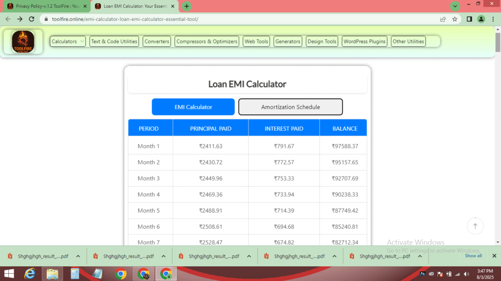 Loan EMI Calculator amortization schedule table with periods, principal paid, interest paid, and balance columns for months 1 to 7.