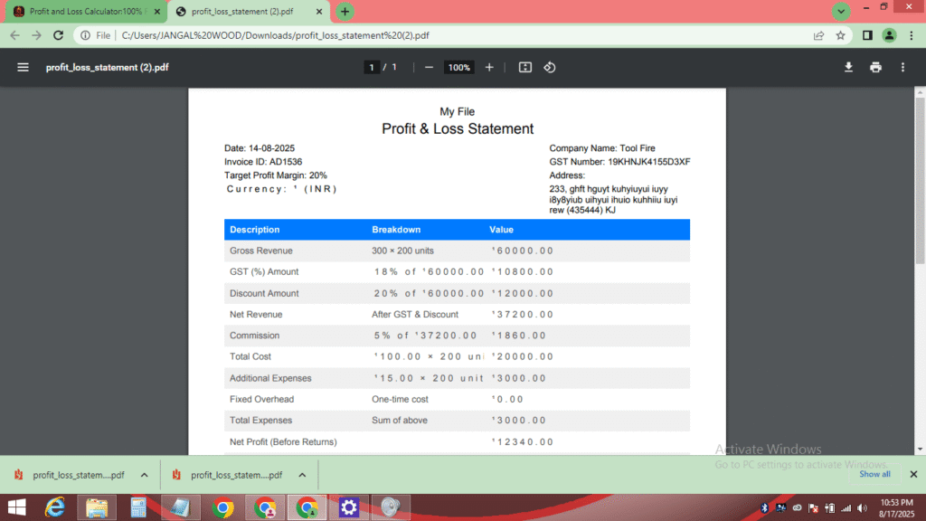 Exported PDF from a Profit and Loss Calculator showing a detailed profit and loss statement with descriptions, breakdowns, and values.