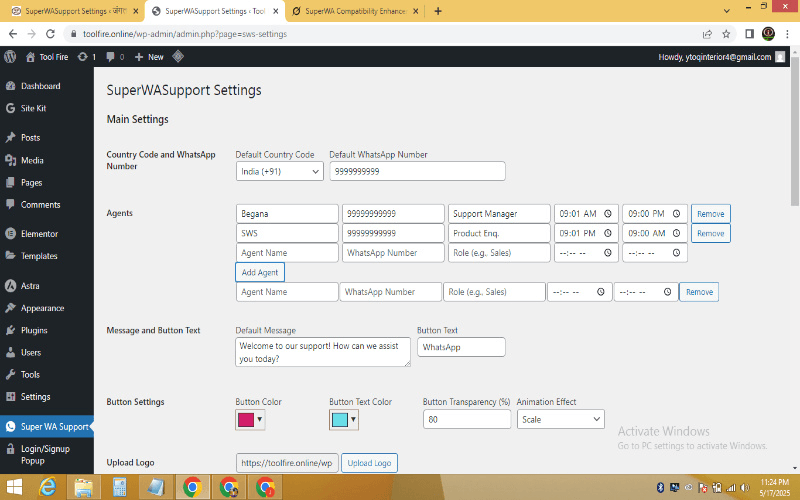 A screenshot of the WhatsApp Support Plugin dashboard for managing WordPress plugins.