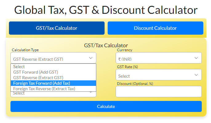 A screenshot of the Discount Calculator on ToolFire.online, displaying Reverse (Extract Discount) with fields for discount percentages and GST type selection, optimized for currency flexibility.