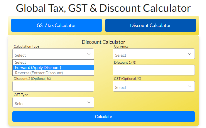 A screenshot of the Discount Calculator on ToolFire.online, showing calculation types like Forward and Reverse with fields for original amount, discount percentages, and currency options including INR, USD, and GBP.