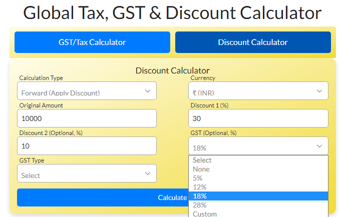 A screenshot of the Discount Calculator on ToolFire.online with sample data, showing an original amount of 10000, discounts of 30% and 10%, and a GST rate of 18% selected with INR currency.