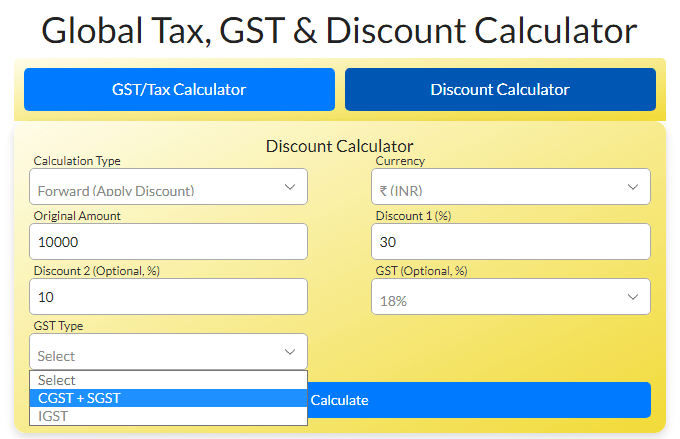 A screenshot of the Discount Calculator on ToolFire.online, featuring Forward (Apply Discount) with an original amount of 10000, a 30% discount, 18% GST, and IGST option selected in INR currency.