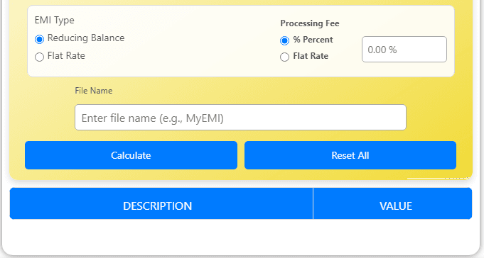 Loan EMI Calculator result table showing EMI details with description and value columns, plus action buttons for calculate, reset, and file name input.