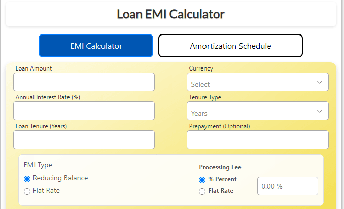 Loan EMI Calculator interface with input fields for loan amount, interest rate, tenure, currency, tenure type, prepayment, EMI type (reducing balance or flat rate), and processing fee, plus calculate and reset buttons.