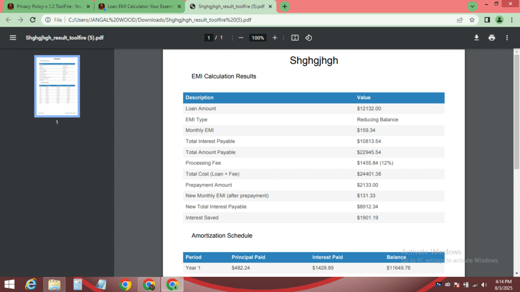 download pdf result in loan emi calculator