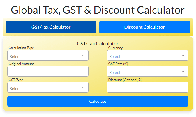 A screenshot of the Free Online Tax and GST Calculator on ToolFire.online, featuring the GST/Tax Calculator section with options for GST Reverse, GST Forward, and Foreign Tax calculations, including currency and GST rate fields.