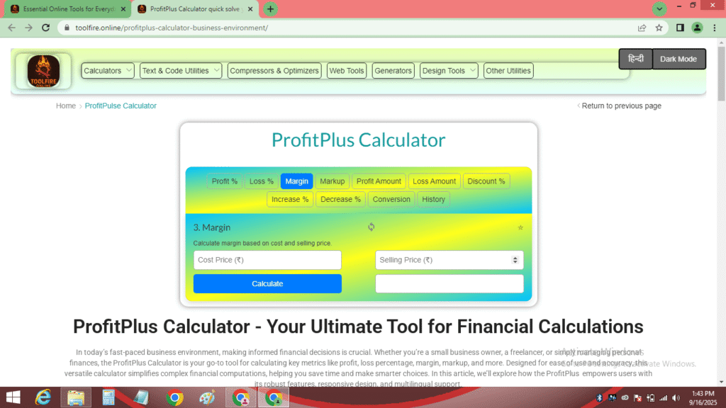 ProfitPlus Calculator web interface displaying markup calculation of 100.00% (cost price 2000, selling price 4000) and margin calculations of 50.00% (1000/2000) and 27.81%