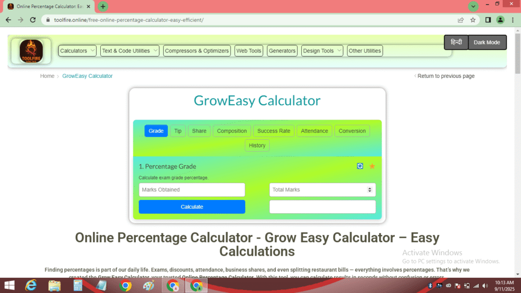 Screenshot of the GrowEasy Calculator interface for online percentage calculator showing grade percentage calculation options.