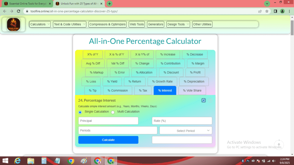 All-in-one percentage calculator interface showing percentage interest calculation with principal, rate, and period fields.