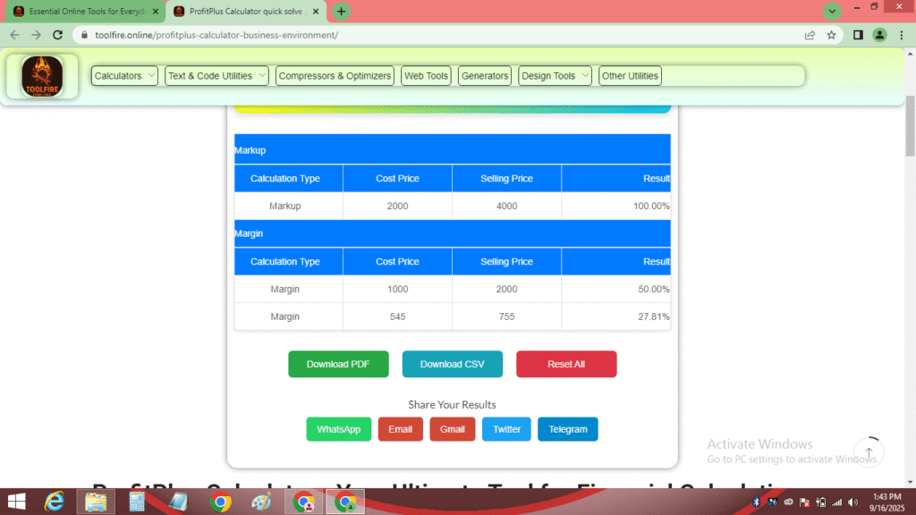 ProfitPlus Calculator web interface on the margin tab showing a calculation of 10.36% with a cost price of 545 and selling price of 755 on September 16, 2025, at 02:15 PM IST.
