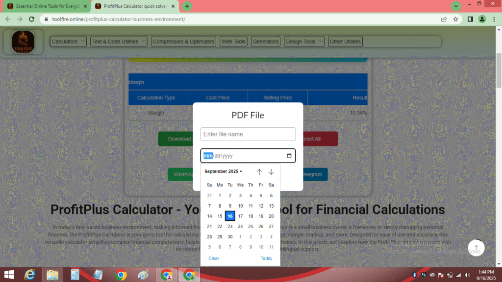 ProfitPlus Calculator PDF download modal with file name input and date picker set to September 16, 2025, at 02:15 PM IST, for exporting margin and other calculations.