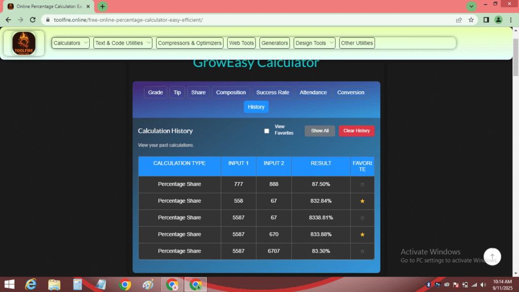 Screenshot of the calculation history section in the GrowEasy Calculator for online percentage calculator.