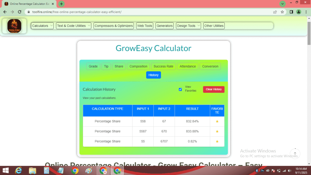 Screenshot of the favorites section in the calculation history of the GrowEasy Calculator for online percentage calculator.