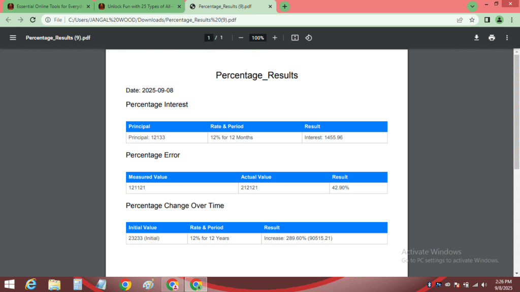 All-in-one percentage calculator PDF download option showcasing results for interest, error, and change over time calculations.